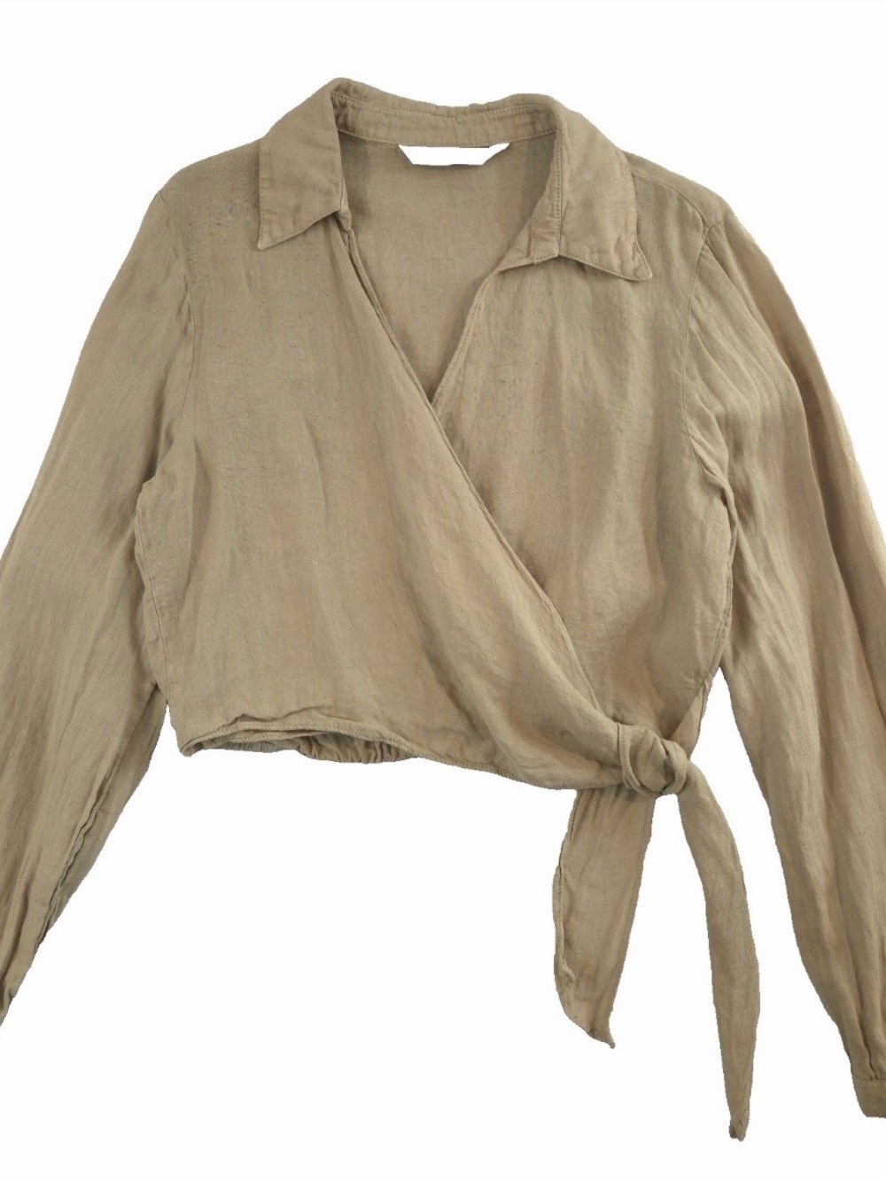 Zara Khaki Tie-Waist Button Down Crop Shirt